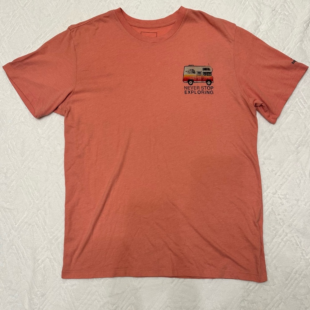 The North Face Tee - Salmon Color “Never Stop Exploring” Men’s Size L